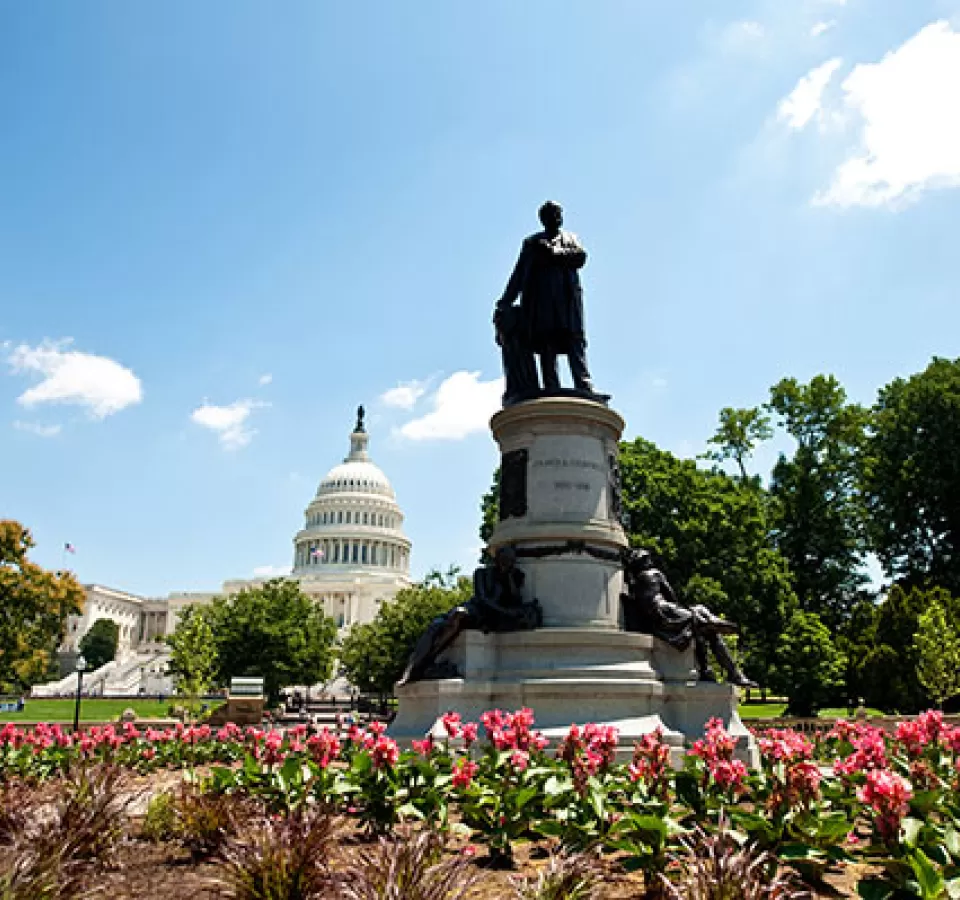 View of Garfield Monument and its summer flower beds with the U.S. Capitol in the background.