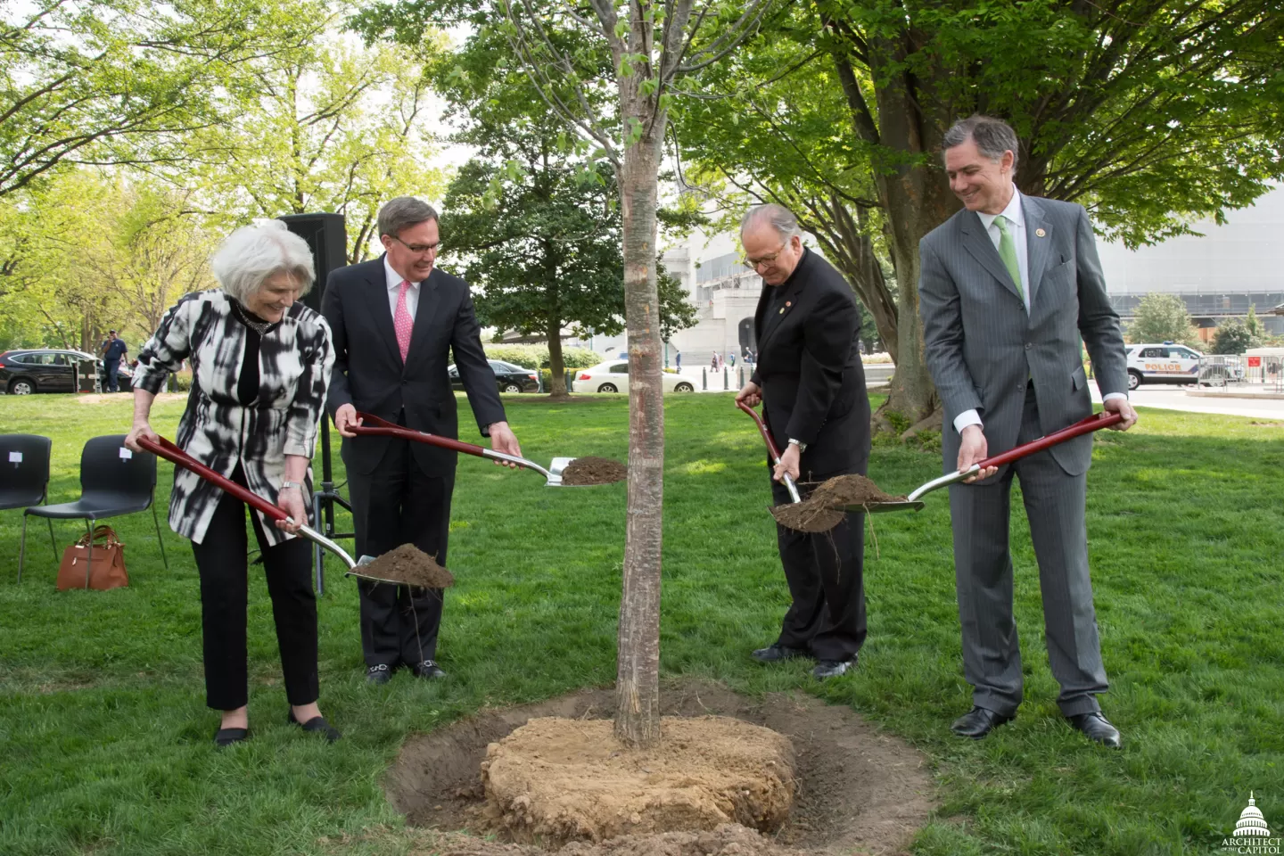 People standing holding shovels around a tree.
