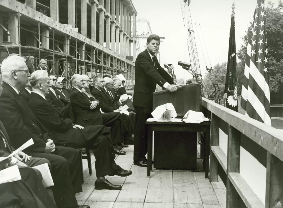 President John F. Kennedy speaks at the Rayburn Building cornerstone ceremony on May 24, 1962. 
