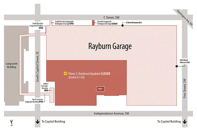 Map of closures for Phase 2 of the Rayburn Garage Interior Rehabilitation.