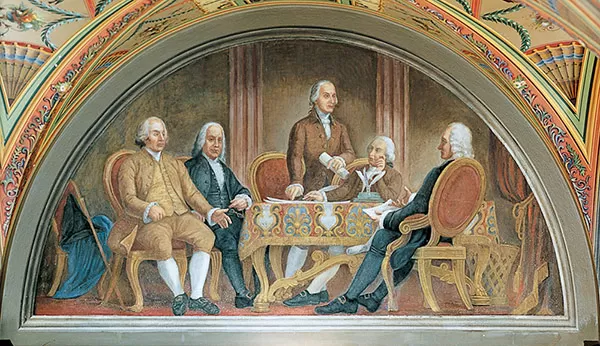 "The Signing of the First Treaty of Peace with Great Britain" lunette in the U.S. Capitol's Brumidi Corridors.