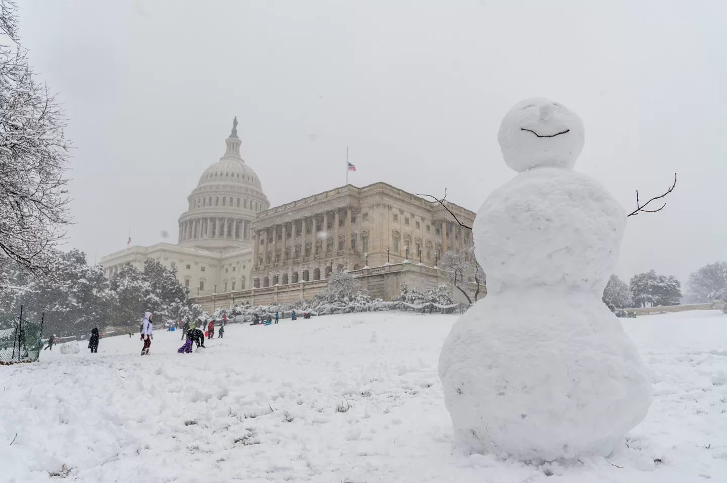 A snowman smiles on the West Front Lawn of the U.S. Capitol in Washington, D.C.