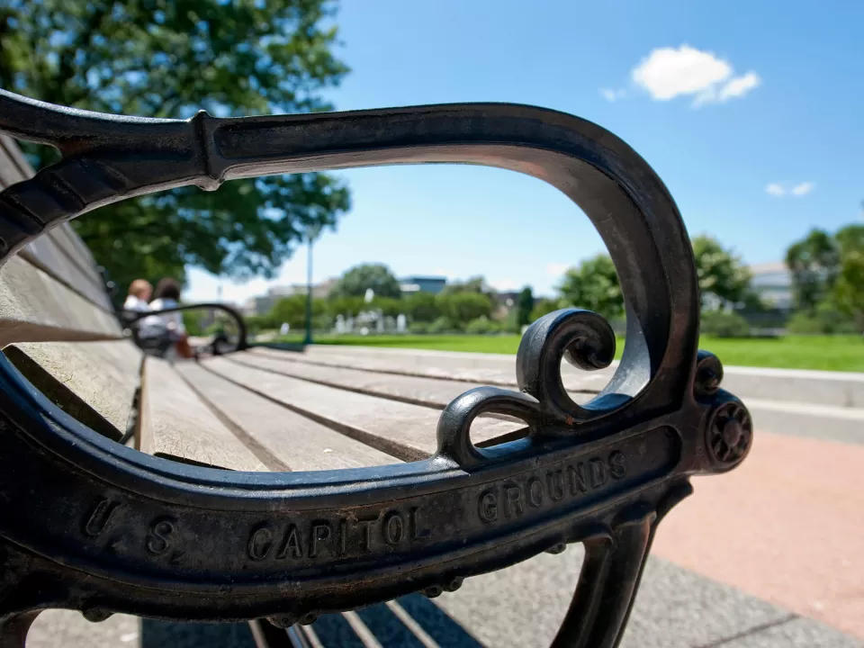 Detailed view of a bench on the U.S. Capitol Grounds.