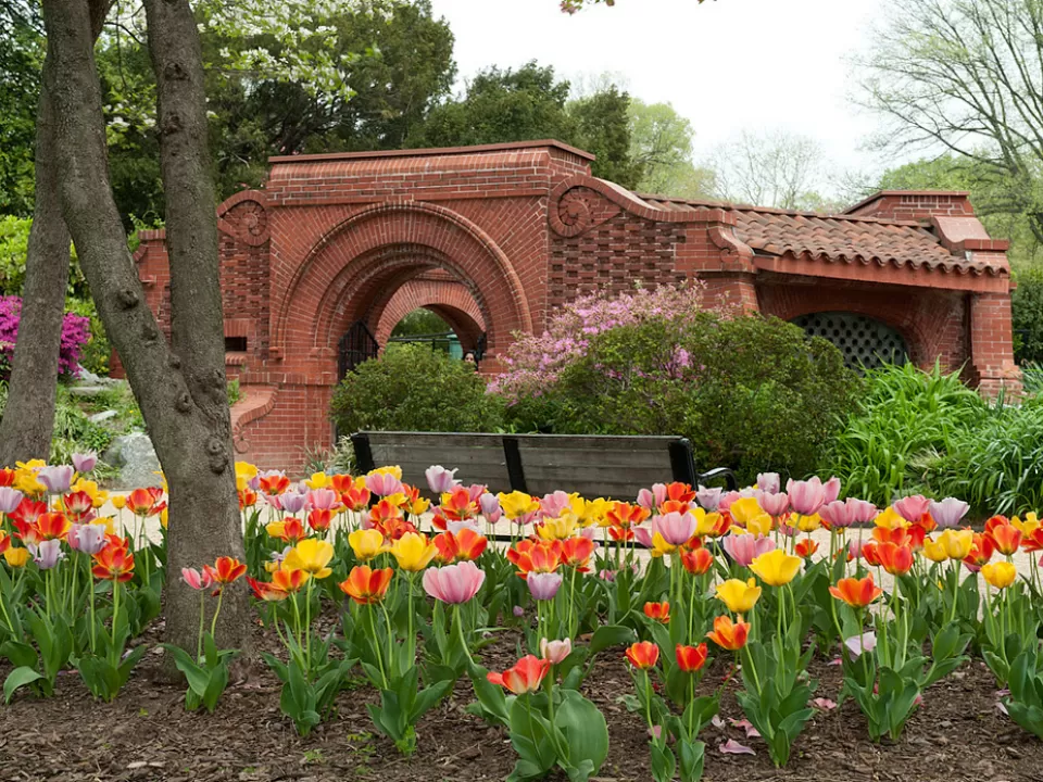 Structure made of bricks surrounded by flowers.