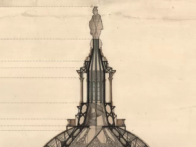 Section, Revised Dome Design for U.S. Capitol. Pen, Ink and watercolor by Thomas U. Walter, 1859.