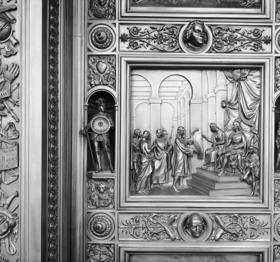 Columbus Doors, Left Valve: Audience at the Court of Ferdinand and Isabella (1492)