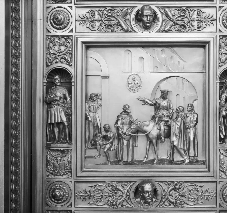 Columbus Doors, Left Valve: Departure from the Convent of La Rábida (1492)