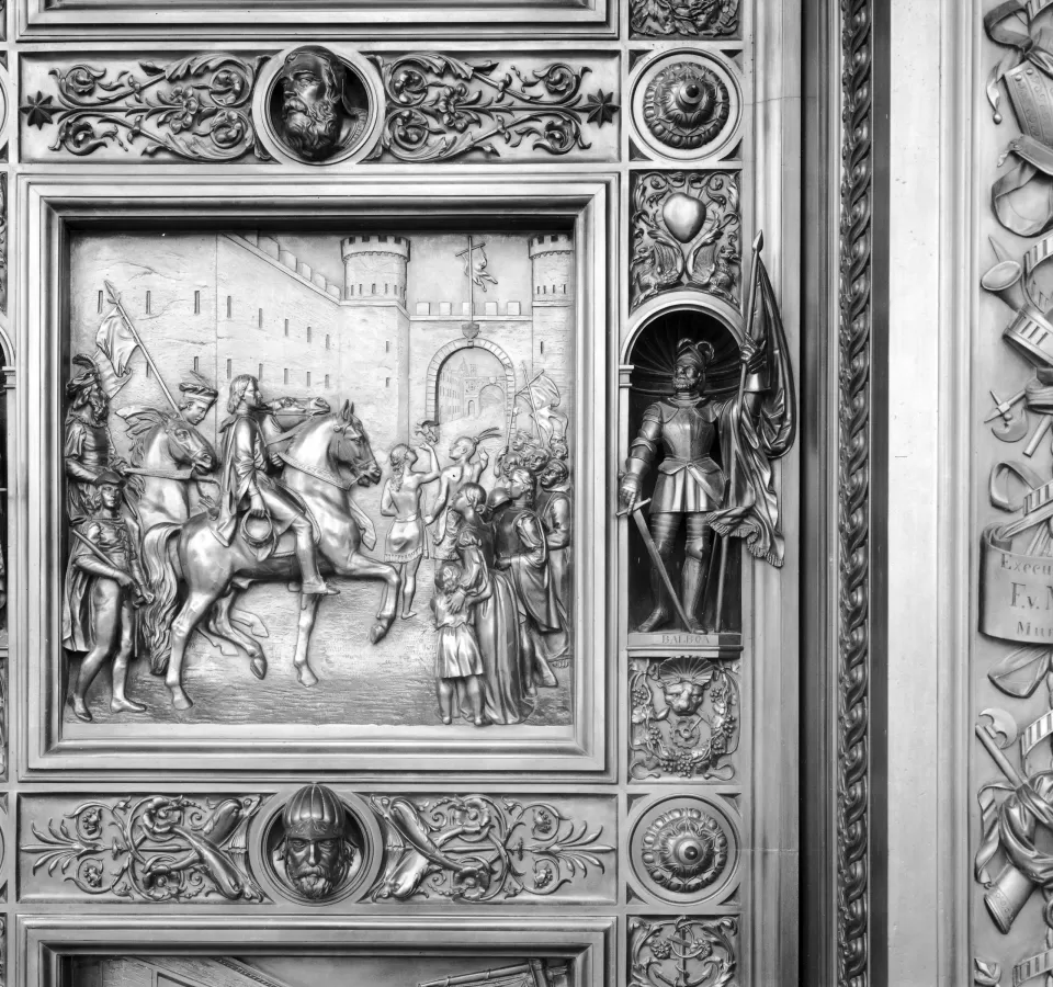 Columbus Doors, Right Valve: Entry of Columbus into Barcelona (1493)