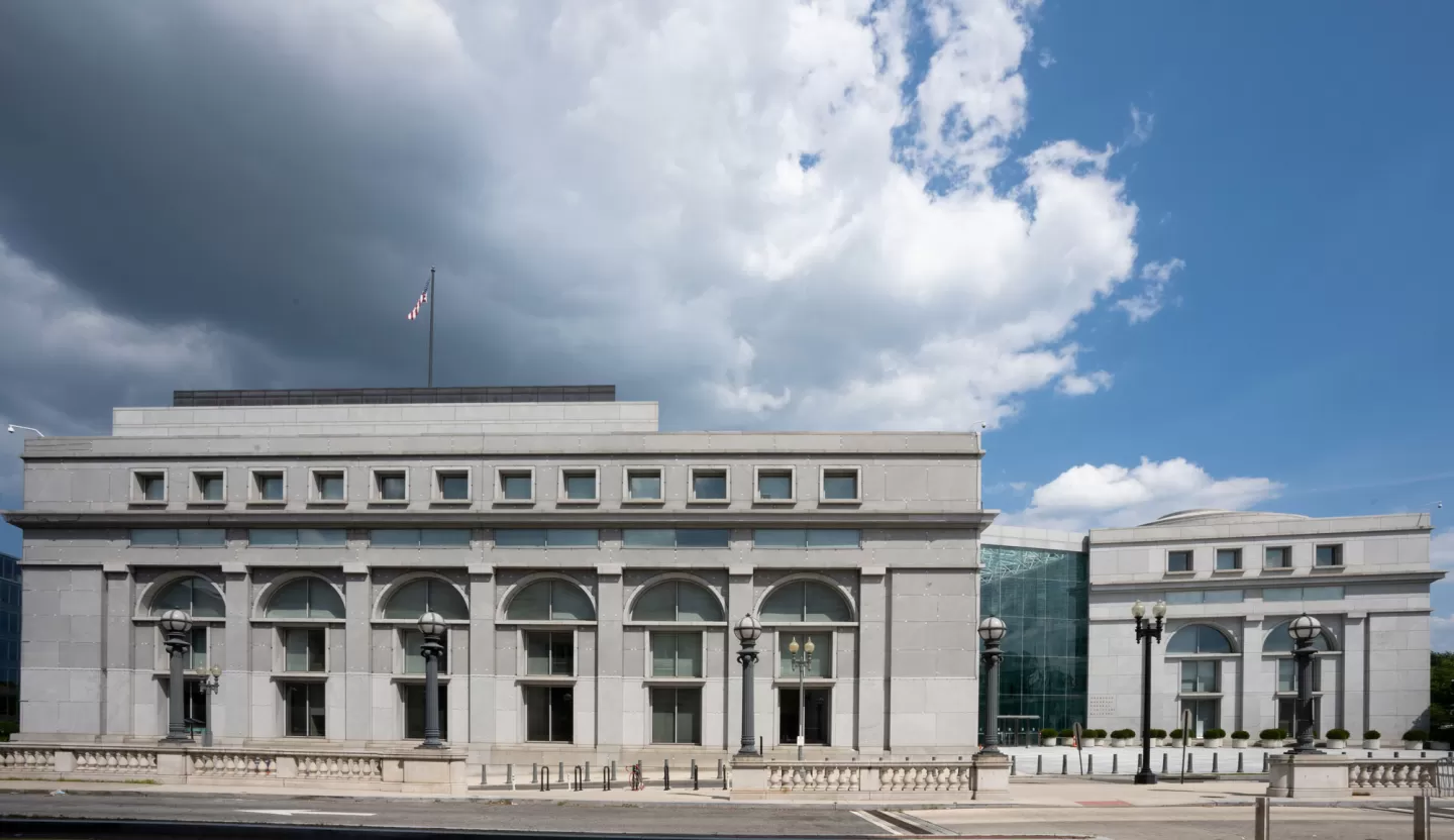 Exterior view of the Thurgood Marshall Federal Judiciary Building in Washington, DC.