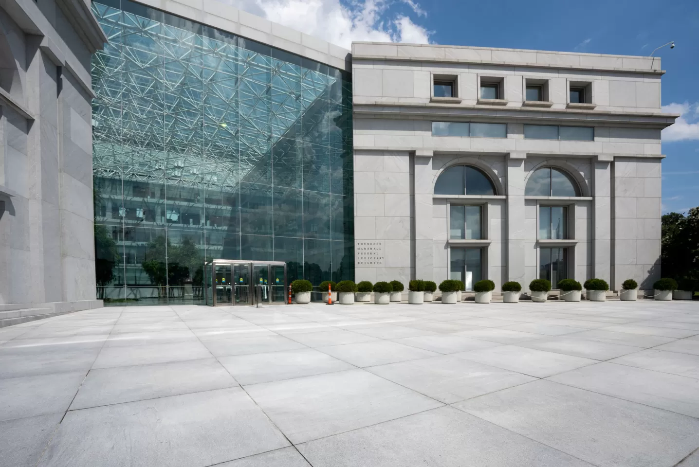 Exterior view of the Thurgood Marshall Federal Judiciary Building in Washington, DC.