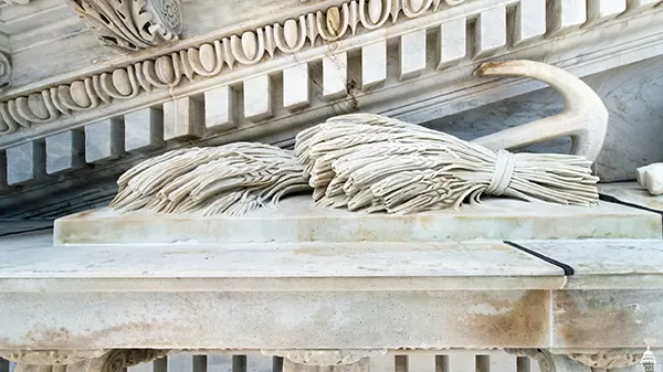 A close-up look at the wheat carved as part of the Progress of Civilization pediment on the Senate wing of the U.S. Capitol.