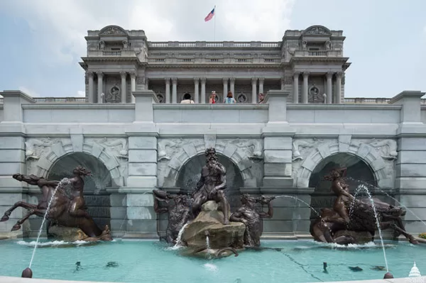 The Court of Neptune fountain in front of the Library of Congress Thomas Jefferson Building in Washington, D.C.