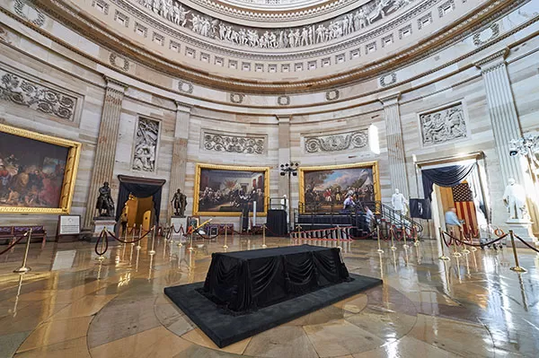 The Lincoln catafalque displayed in the U.S. Capitol Rotunda.