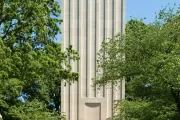 Tall structure surrounded by trees.