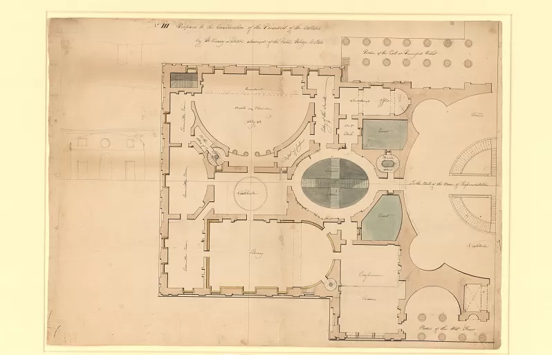 Latrobe’s original plan shows what was then the top floor of the north wing (on the left) and Latrobe’s vision of half of the larger, unbuilt center section of the U.S. Capitol (on the right).