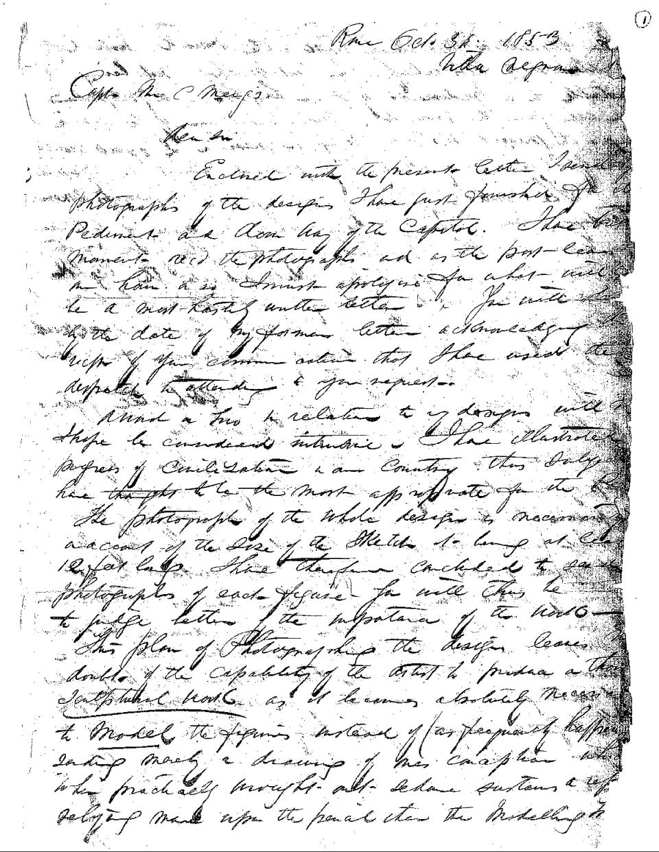 First page of the letter Thomas Crawford wrote to Captain Montgomery Meigs about the pediment.