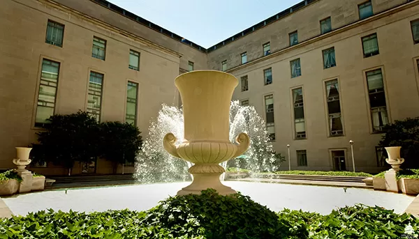 The courtyard fountain at Rayburn House Office Building.