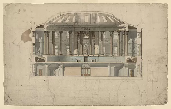 Latrobe drawing of the U.S. Capitol House chamber showing fall of light from skylights between the dome arches.