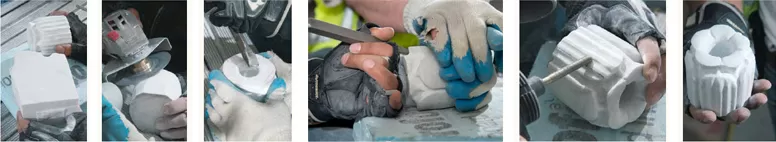 Starting with a square block of stone and an original ornament, a stone carver skillfully recreates one of the many stone ornaments damaged by exposure to the elements.