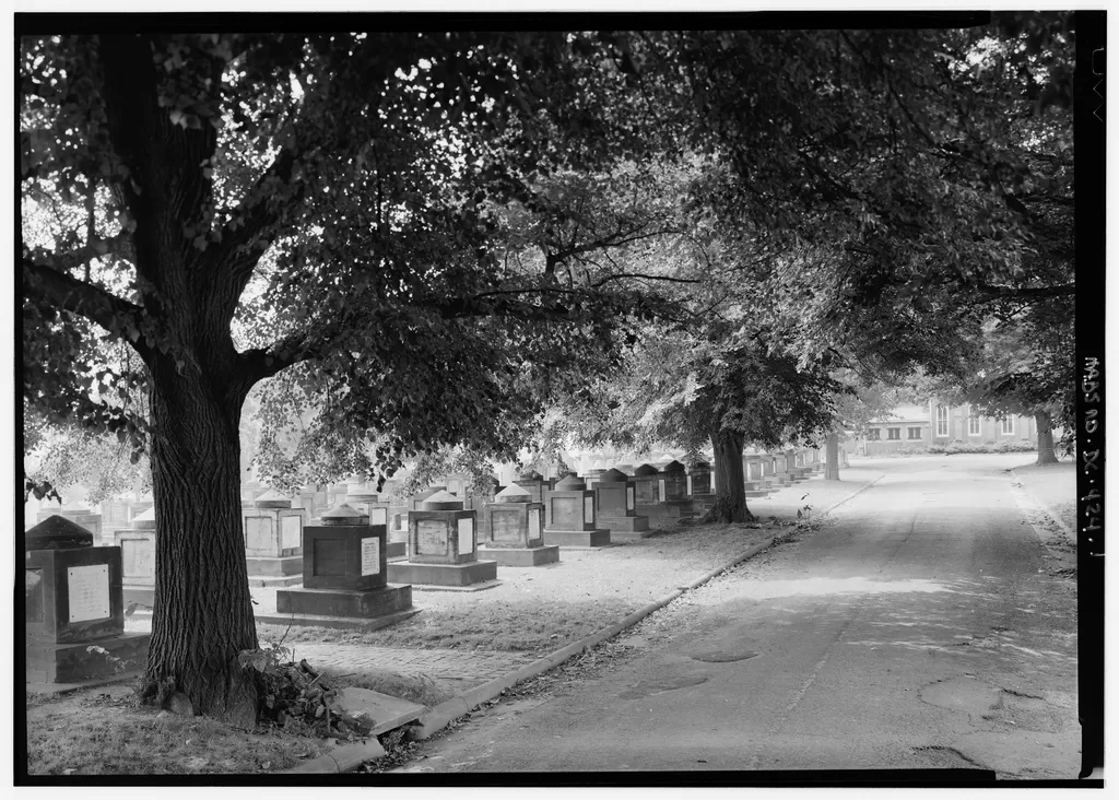 View of a pathway in a cemetery.