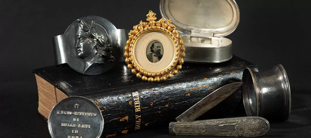 The artifacts in this photograph were passed down through the family of Brumidi's third wife and given to the Architect of the Capitol.