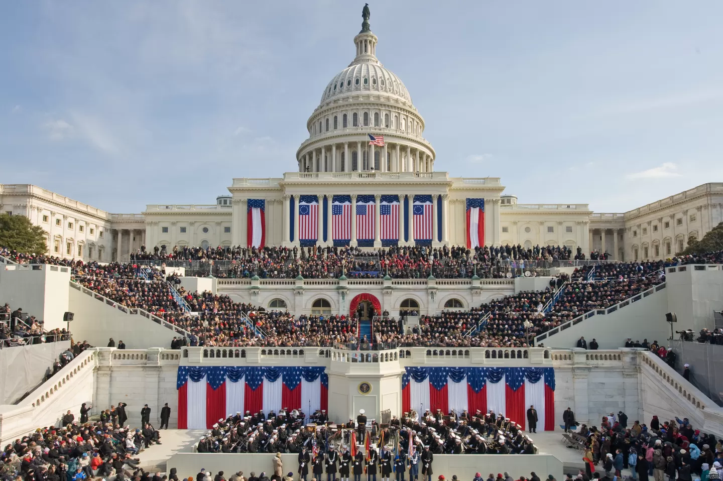 The U.S. Capitol with flags for a presidential inauguration.