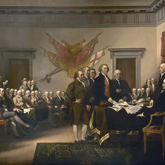 Historic "Declaration of Independence" painting in the U.S. Capitol Rotunda.