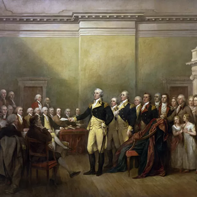 The "General George Washington Resigning His Commission" painting by John Trumbull on display in the U.S. Capitol Rotunda.