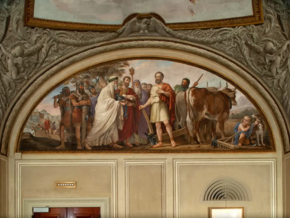 "Calling of Cincinnatus from the Plow" is the first fresco by Constantino Brumidi in the U.S. Capitol.