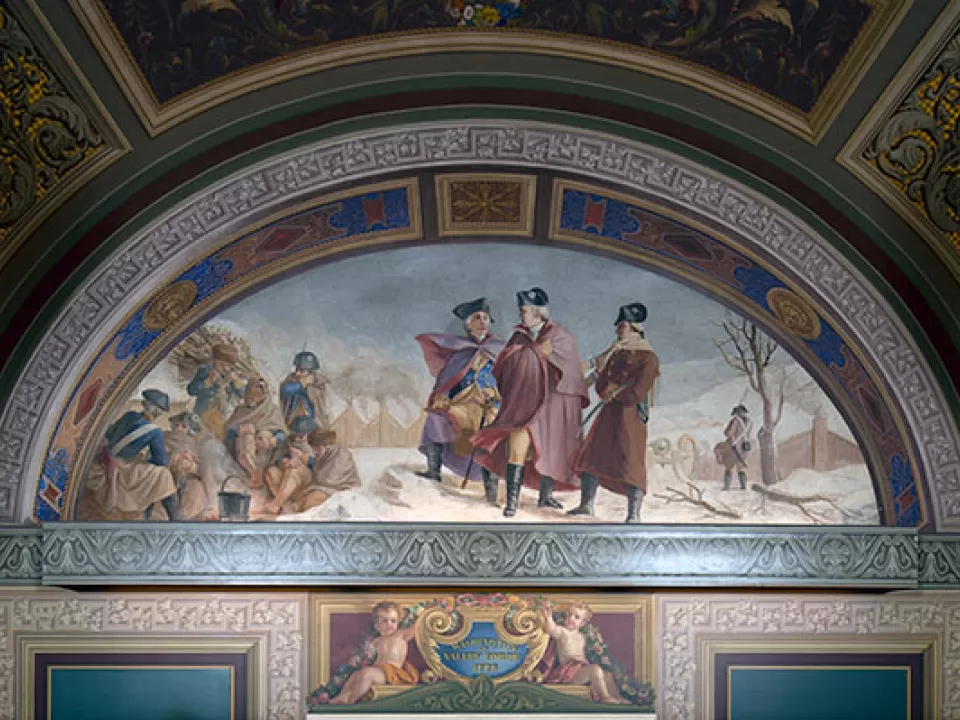 Detail of lunette in U.S. Capitol room S-128 depicting Washington at Valley Forge, 1778.