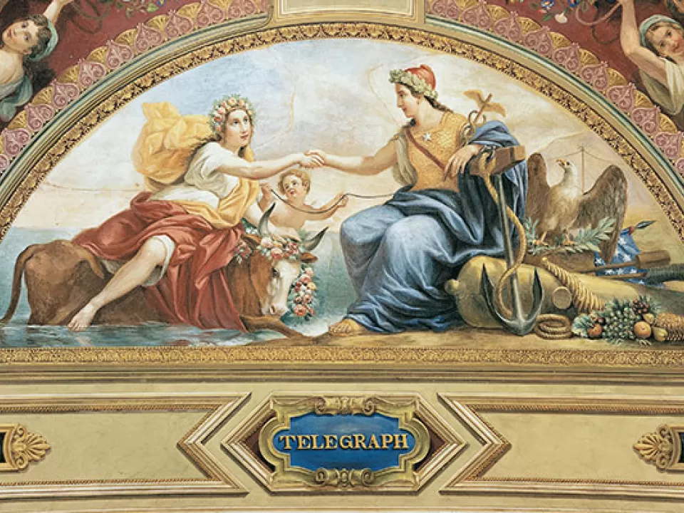 Telegraph, by Brumidi, features figures symbolizing Europe and America shaking hands, representing the bringing together of the continents by telegraphic communication after the laying of the transatlantic cable.