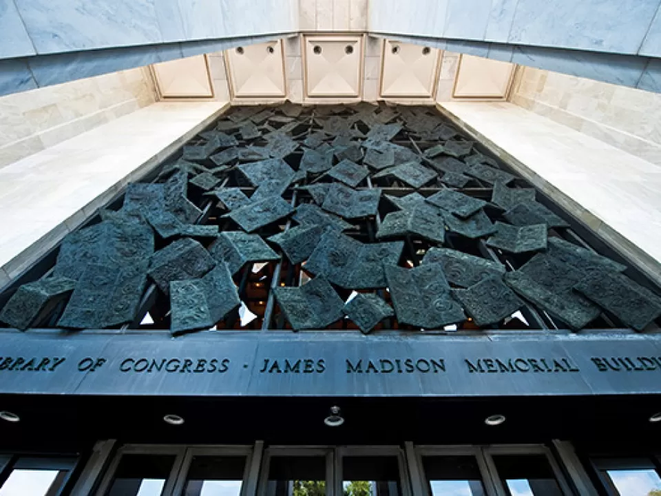 A Cascade of Books at the entrance to the Library of Congress James Madison Memorial Building in Washington, D.C.