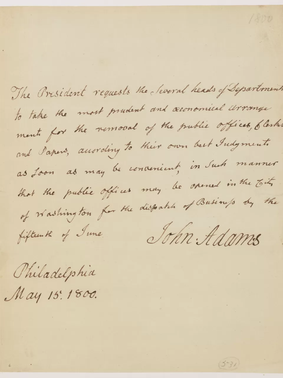 Letter from John Adams requesting the government move to Washington, D.C.