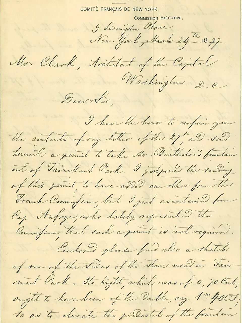 Letter to Architect of the Capitol Edward Clark regarding moving the Bartholdi Fountain from Fairmont Park in New York to Washington, D.C.